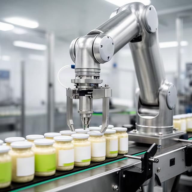 Robot in acciaio inox che manipola vasetti su una linea alimentare pulita
