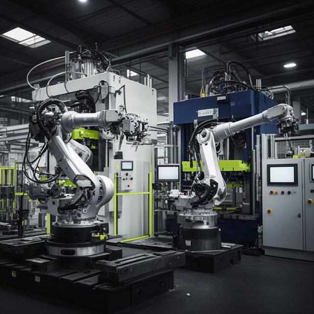 Presse robotizzate in un impianto industriale con robot antropomorfi e quadri di controllo