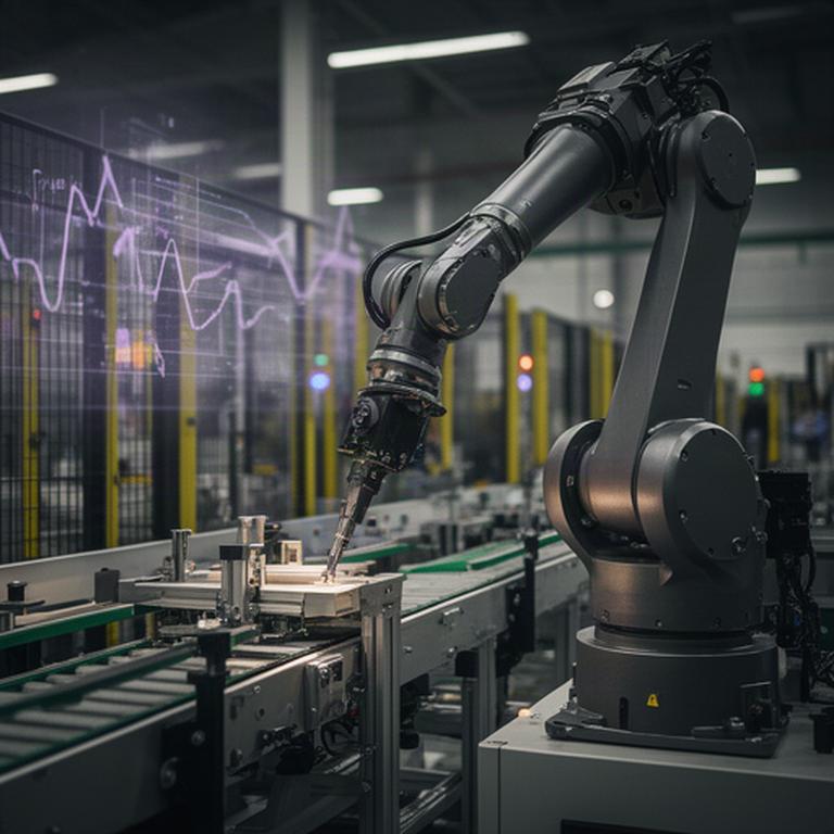 Braccio robotico industriale in azione accanto a una linea produttiva con dati di prestazione sovrapposti