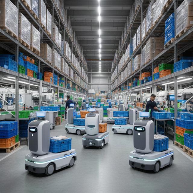Robot mobili autonomi che trasportano contenitori in un magazzino e-commerce durante un periodo di alta richiesta