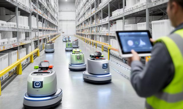 Flotta di robot mobili in un magazzino con operatore che controlla il picking