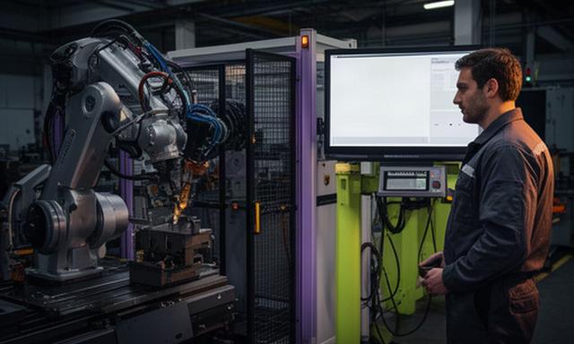 Reparto metalmeccanico con robot industriale e tecnico che controlla una dashboard