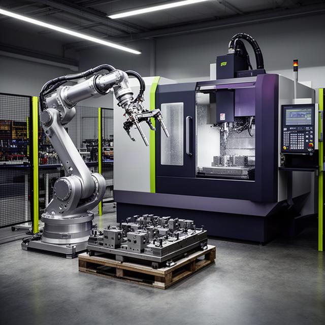 Cella robotica con braccio di carico accanto a una fresa CNC a 5 assi in una officina di precisione