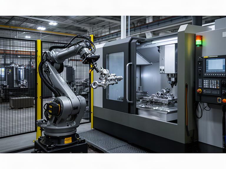 Cella robotizzata con braccio a sei assi che carica un centro di lavoro CNC in uno stabilimento metalmeccanico