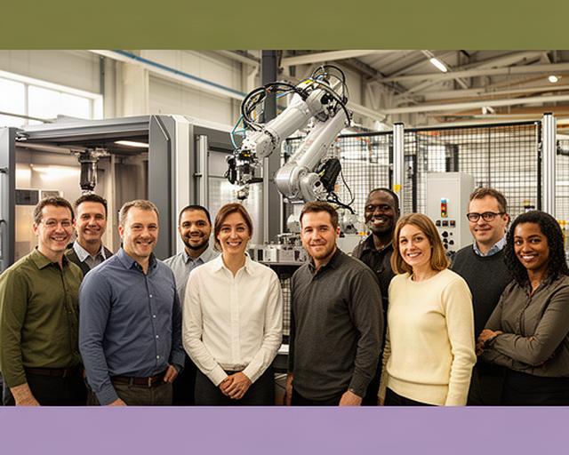 Team di ingegneri riunito davanti a una cella robotica in uno stabilimento industriale