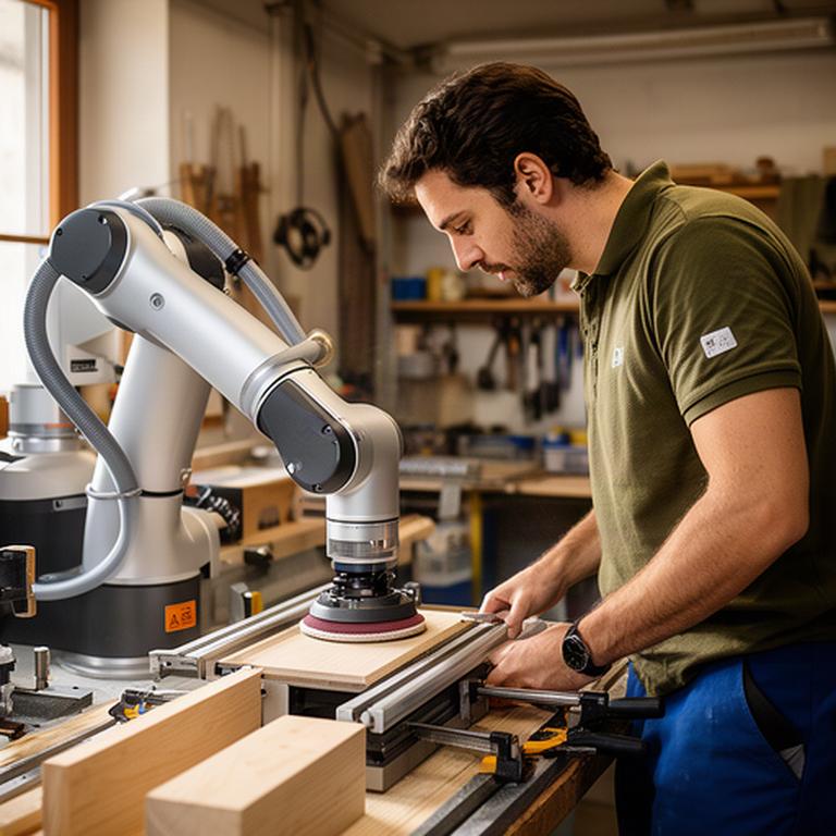Operatore di una piccola officina della Carnia che osserva un cobot durante una prova di levigatura