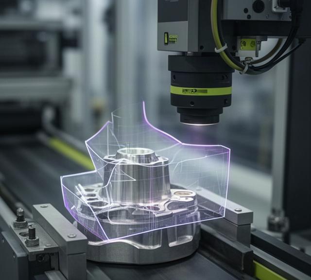 Telecamera industriale che ispeziona un componente metallico su una linea produttiva con sovrapposizione di analisi