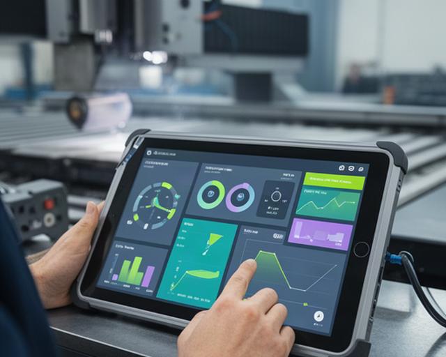 Tablet con dashboard di KPI produzione visualizzata in una moderna officina metalmeccanica