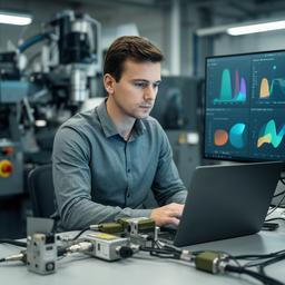 Data scientist al lavoro su dati di sensori per la manutenzione di macchinari industriali