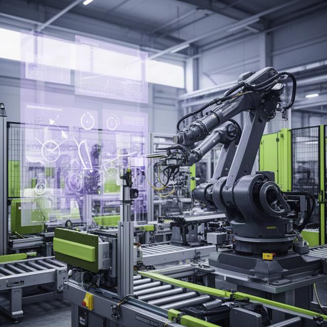 Linea robotizzata in uno stabilimento industriale del Friuli con pannelli di controllo sovrapposti