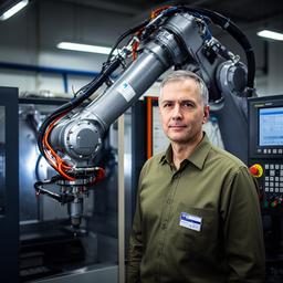Ingegnere robotico senior accanto a un braccio industriale in una linea CNC