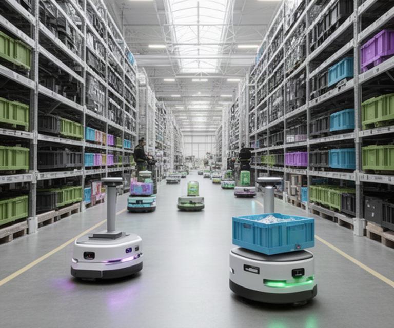 Flotta di robot mobili autonomi che percorre corsie di un magazzino logistico con scaffalature alte