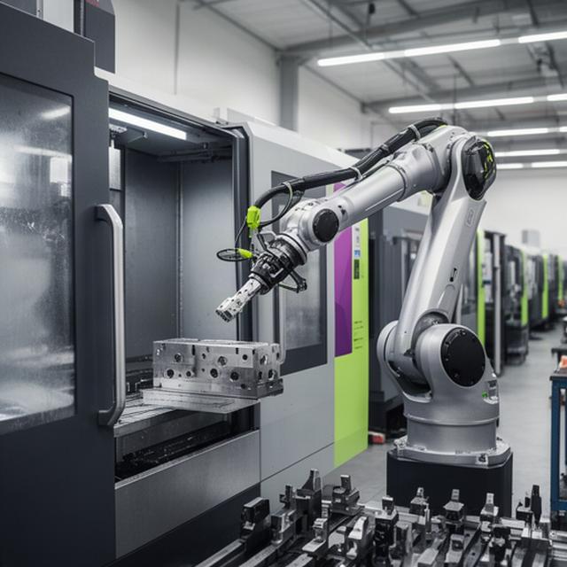 Robot industriale che carica un centro di lavoro CNC in una officina metalmeccanica ordinata