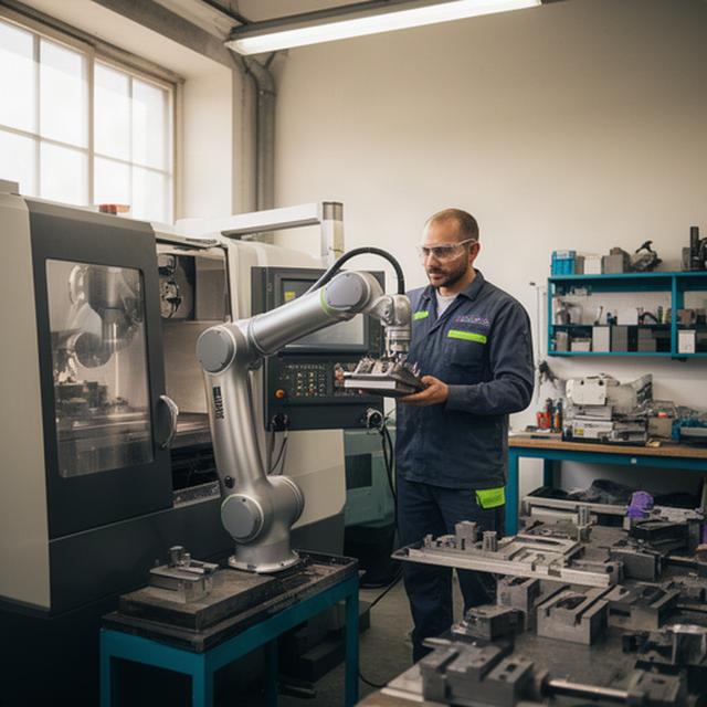 Operatore in una piccola officina del Friuli Venezia Giulia al lavoro accanto a un cobot per il carico di una macchina CNC