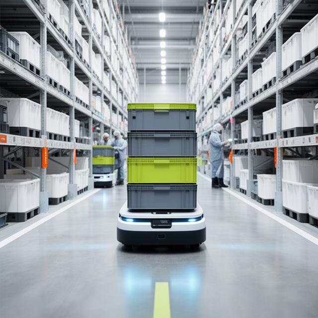 Robot mobile che trasporta contenitori in un magazzino logistico organizzato