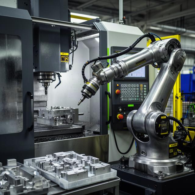 Macchina CNC e braccio robotico in un reparto di lavorazione metalmeccanica