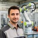 Ingegnere robotico in uno stabilimento industriale del Friuli accanto a un braccio collaborativo