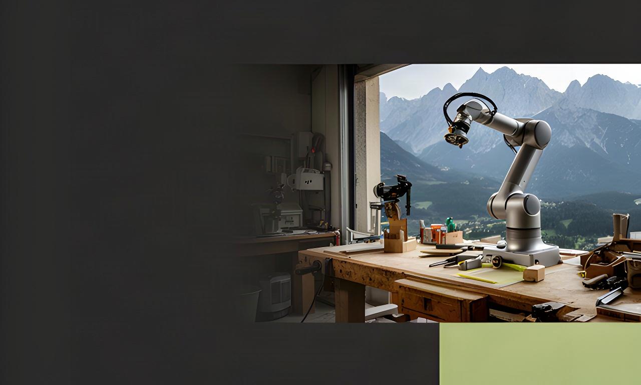Piccolo laboratorio artigiano di Tolmezzo con un cobot accanto a un banco di lavoro e alle montagne della Carnia